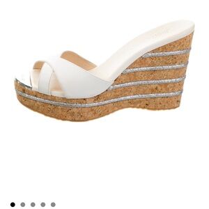 Jimmy Choo White and Silver Wedge Sandals with Cork Platform